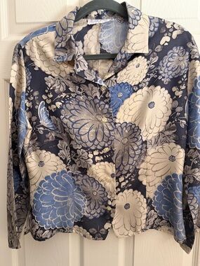 Rachel Riley Navy Blue Cream Floral Button-Up Blouse